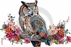 Floral Owl Sublimation Clipart. multicolor spring flowers. photo