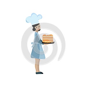 Clipart of a pastry chef woman carrying a big pastries cake, vector or color illustration