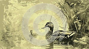 Clipart of a retro ducks in a pond. Primitive pencil drawing mainly neutral BEIGE AND SAGE GREEN shades photo