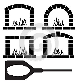 Clipart set of ovens with burning fire and pizza, vector photo