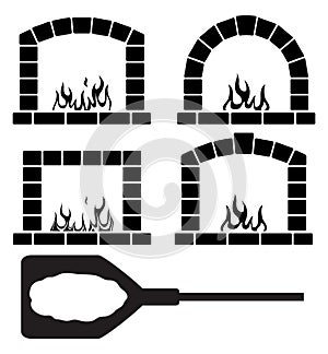 Clipart set of ovens with burning fire and pizza, vector