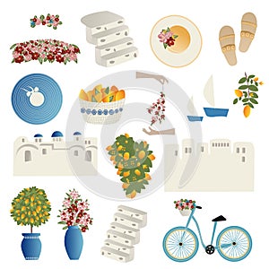 Clipart, set of vector illustrations summer travel concept. Abstract place, fruits, flowers and travel items.