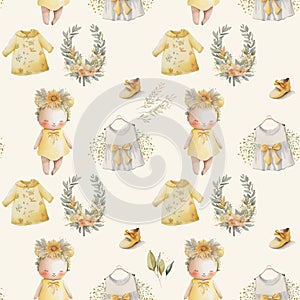 Clipart set watercolor baby clothes and flowers in yellow tones vintage, scrabooking paper