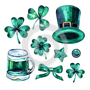 Clipart St. Patrick's Day. Watercolor green hat, clover, green beer, green star, green ribbon.