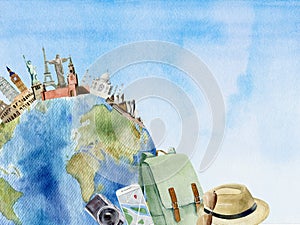 Cliparts of watercolor traveler`s accessories on background of