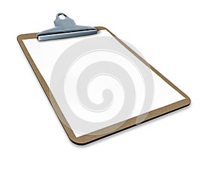 Clipboard angled with blank paper photo