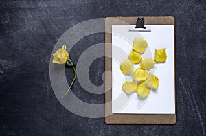 Clipboard with and aPetals of yellow rose on black background. V