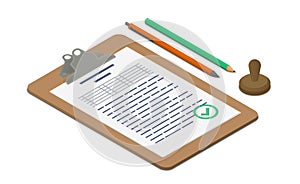 Clipboard with approved document accompanied by pen, pencil and stamp