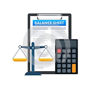 Clipboard with Balance sheet with calculator. Financial reports statement and documents. Vector stock illustration.