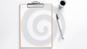 A clipboard with a blank paper, a pen and a coffee cup on a white background. The clipboard is wooden and has a silver