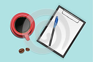 Clipboard with blank paper, top view illustration next to cup of coffee, ready for adding text or mockup. vector