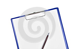 Clipboard with blank white paper and pen on white background