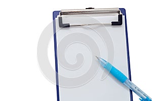 Clipboard with blank white piece of paper and blue pen on white