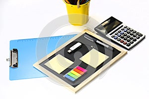 Clipboard, caculator, memo pads and pen