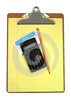 Clipboard, Calculator, Pencil, Name Tag, and Paper