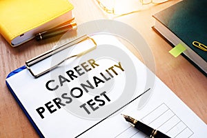 Clipboard with Career personality test on an desk. Assessments concept.