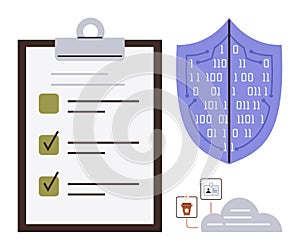 Cybersecurity Checklist with Shield, Cloud, and Data Protection Symbols