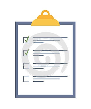 Clipboard with checklist with green check marks and pen. Control list on notepad. Concept of Survey, quiz, to-do list or agreement