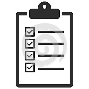 Clipboard with checklist icon. Survey form and questionnaire paper for collecting data.