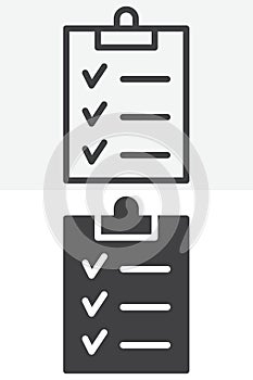 Clipboard checklist line and solid vector icon set