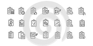 Clipboard, checklist, report, survey or agreement editable stroke outline icons set isolated on white background flat