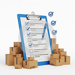 Clipboard with checklist and stack of moving boxes