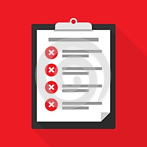 Clipboard with a checklist, tasks not completed. Rejected or unconfirmed. Vector illustration EPS 10 photo