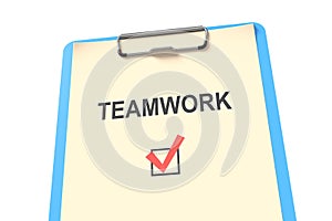Clipboard checklist text TEAMWORK. The concept of planning and execution. 3D illustration