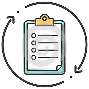 Clipboard with Checklist and Workflow Arrows Icon for Process Management and Renewal