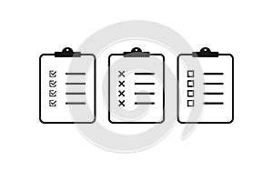 Clipboard with checkmark, cross and empty box. Checklist document. Note book with tick sign. Survey illustration with report page