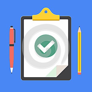 Clipboard with claim form on it, paper sheets, check mark tick OK in the circle, pen and pencil isolated on blue background vector