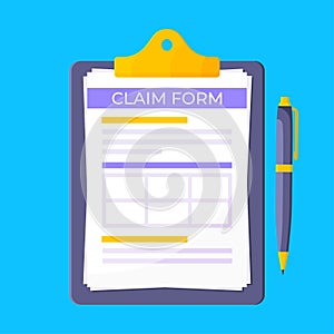 Clipboard with claim form on it, paper sheets, pen isolated on blue background