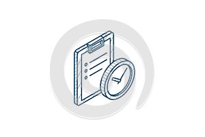 Clipboard and clock, to-do list isometric icon. 3d line art technical drawing. Editable stroke vector