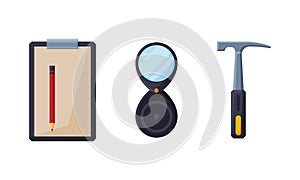 Clipboard, Compass and Hammer as Geology Instrument and Tool Vector Set