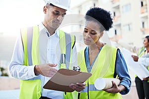 Clipboard, construction and team of people planning paperwork of property, engineering and architecture. Black woman