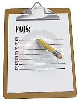 Clipboard with FAQs checklist and stubby pencil