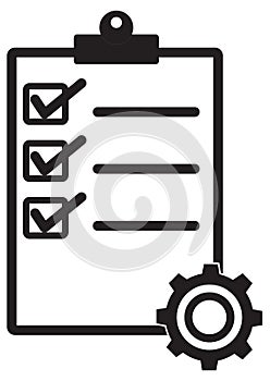 Clipboard with gear icon on white background. technical support check list sign. project management concept symbol. flat style