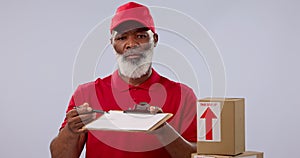Clipboard, happy or mature black man offer delivery services invoice, logistics studio document and box shipping