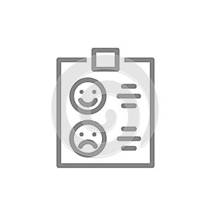 Clipboard with happy or sad face line icon. Checklist for evaluating service, tablet with rating, test symbol