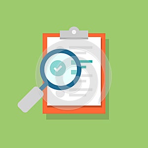 Clipboard icon and magnifying glass. Confirmed or approved document. Flat illustration isolated on color background.