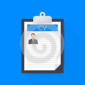 Clipboard with man silhouette icon. Curriculum vitae, job application form with profile photo concept. Vector illustration.