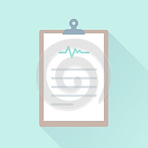 Clipboard medical icon. Heartbeat wave. Concept of health check up, health insurance, medical history. Vector illustration, flat