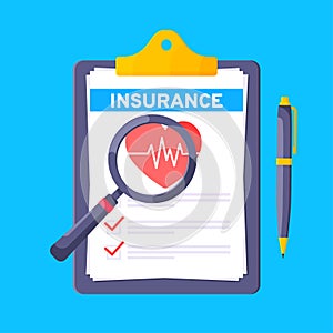 Clipboard with medical insurance claim form on it, paper sheets, pen isolated on blue background.
