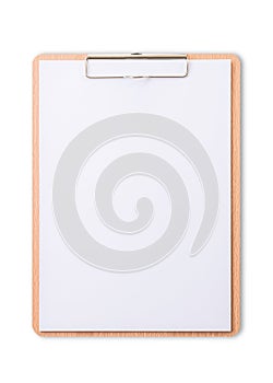 Clipboard note pad mock up with blank A4 size white page paper isolated on white background with clipping path for business