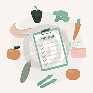 Clipboard with nutrition plan, exercise schedule. Healthcare and dietetics concept. Various fresh vegetables and fruits