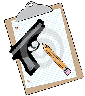 Clipboard with pencil and gun
