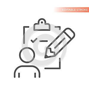 Clipboard, pencil and person line vector icon