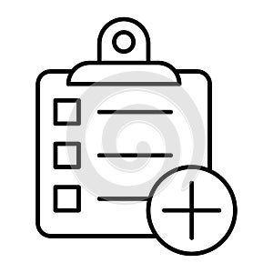 Clipboard with plus sign thin line icon. Questionnaire with plus vector illustration isolated on white. Document with