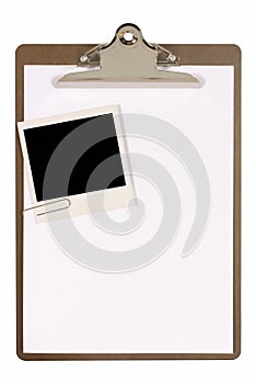Clipboard with polaroid photo frame, white blank paper, copy space, isolated on white background