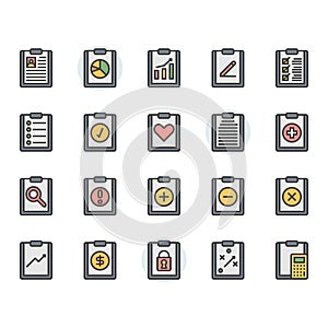 Clipboard related icon and symbol set in color outline design